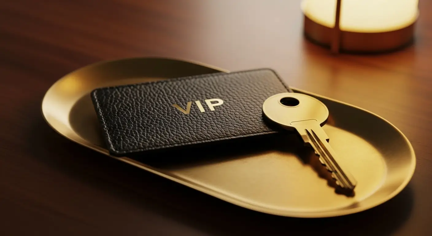 가죽 VIP 멤버십 카드와 황동 키 트레이 매크로 강남텐카페 회원제 VIP 라인 폐쇄적 운영 디테일 조명